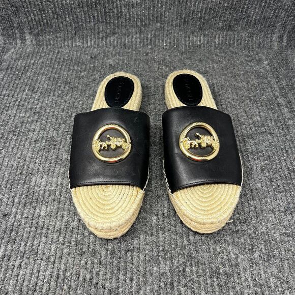 Coach Camille Espadrille Black Leather Sandals Gold Logo Women’s Size 8.5 B - Picture 1 of 7